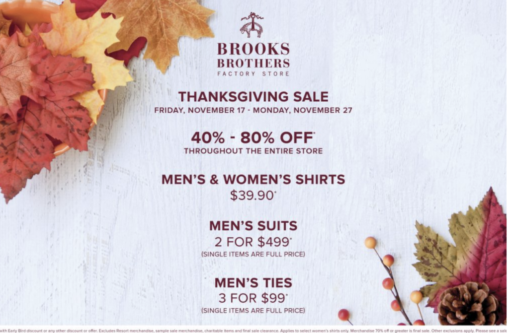 A 2024 Thanksgiving sales event flyer for Brooks Brothers