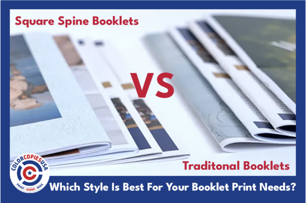 A side-by-side comparison of traditional saddle stitch and square spine saddle stitch booklets