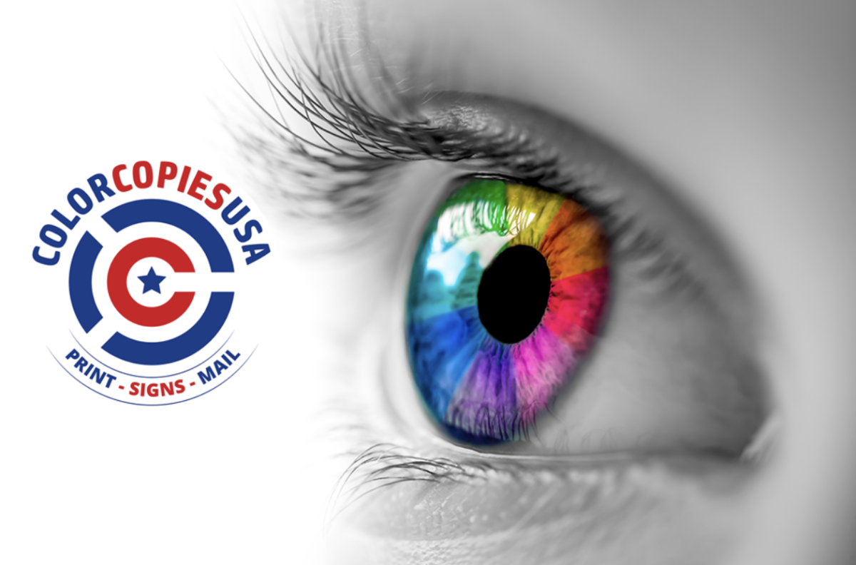 An eye in black and white with the iris in full color next to a logo for the online printing company Color Copies USA